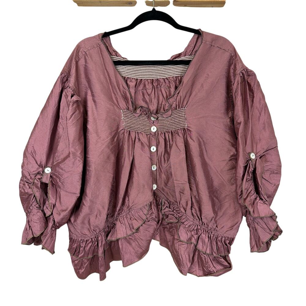 Magnolia Pearl Purple Ruffled Button Up Top Boho Blouse  One Size